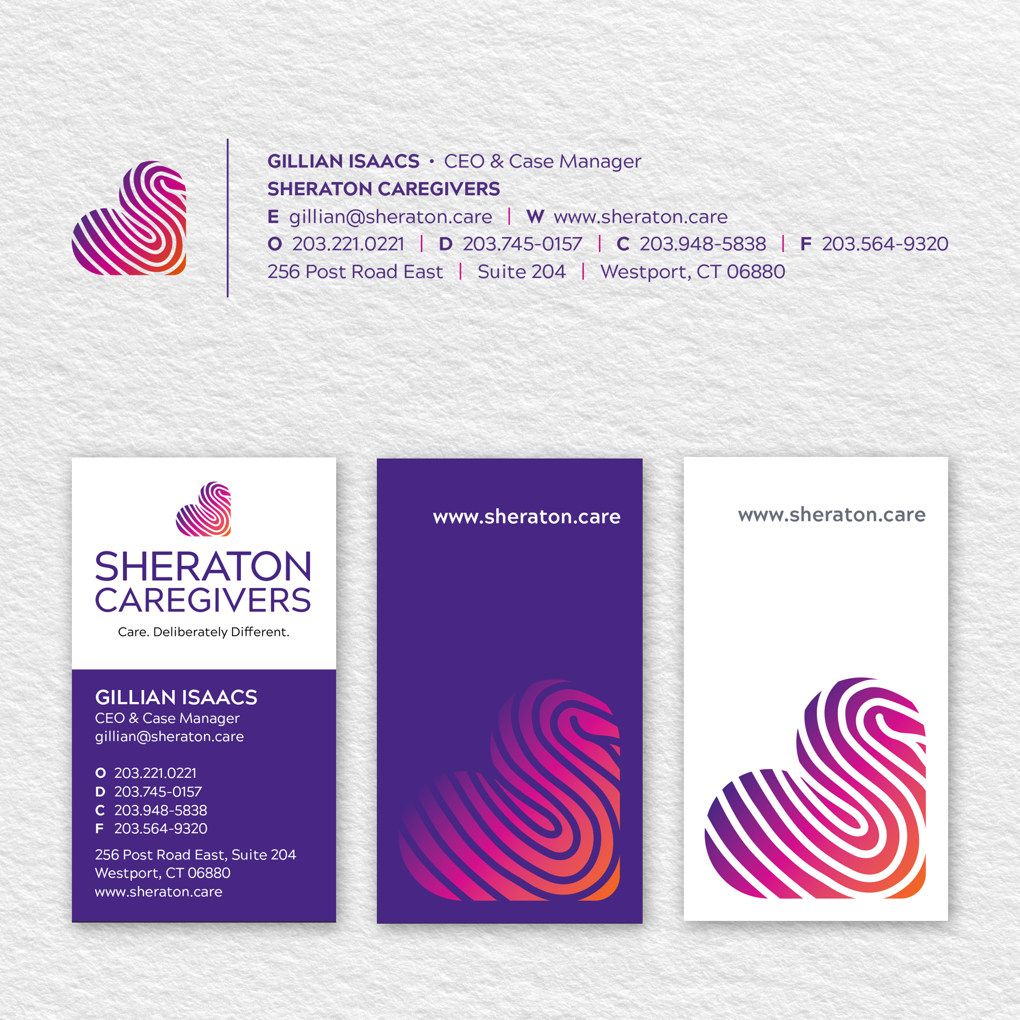 Front and back of printed business cards and e-signature